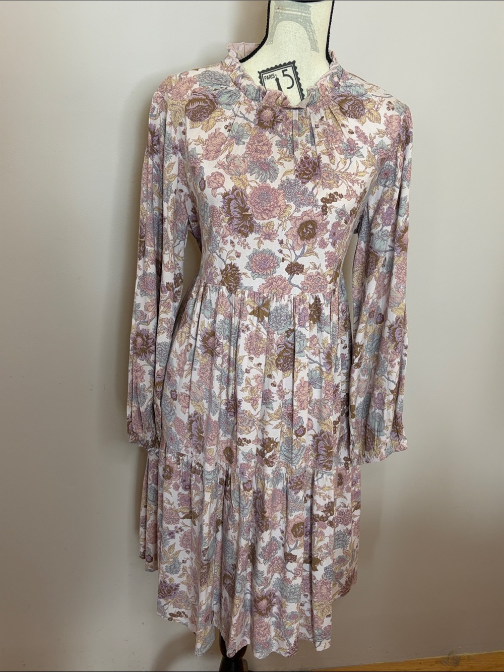 April Cornell Long-Sleeve Floral Tiered Dress in Pink, Cream, and Brown